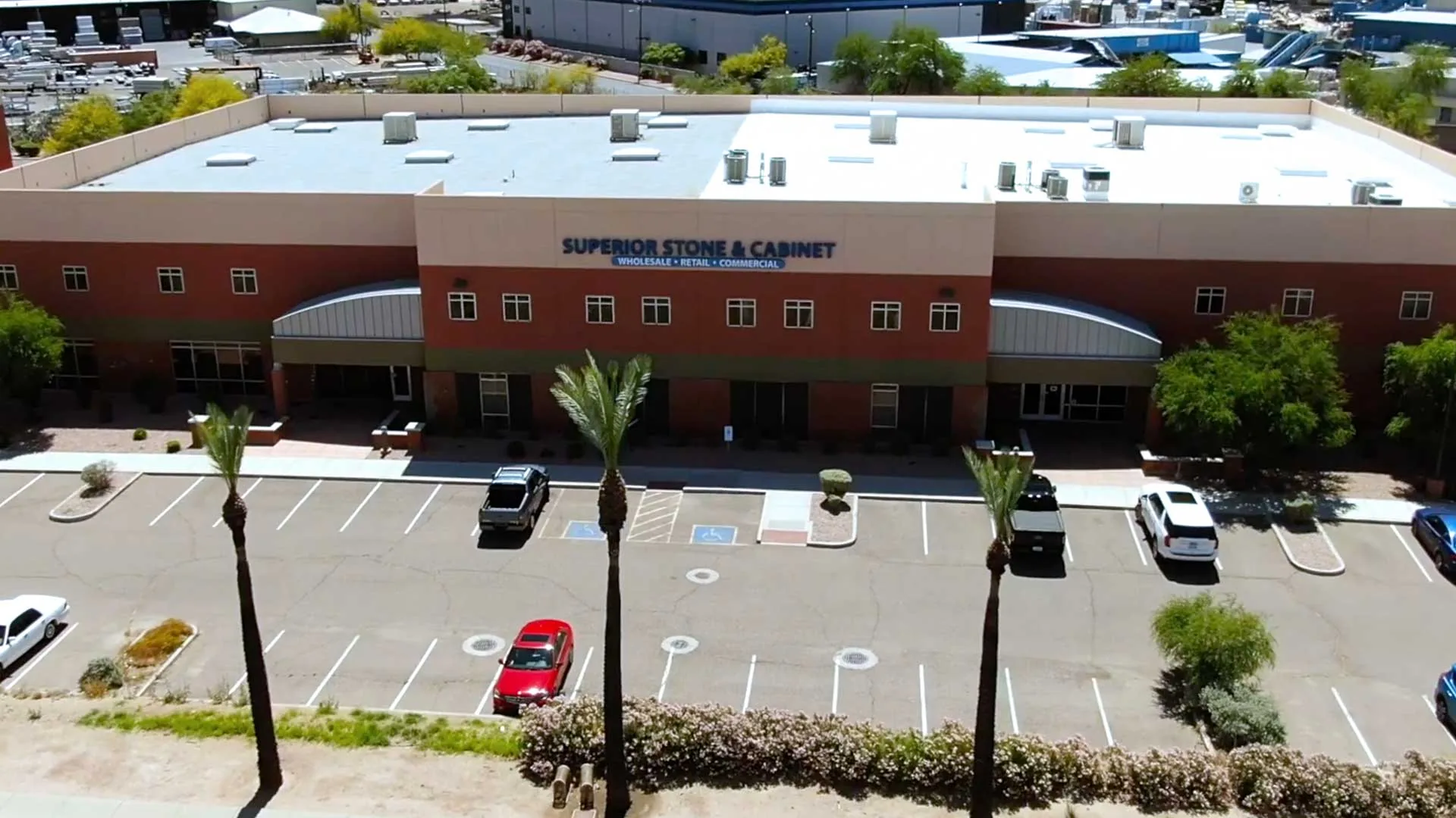 Aerial view of the Superior Stone & Cabinet showroom and warehouse on University Drive