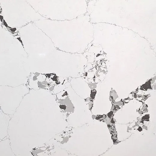 A detailed look at a black and white Bianco Aura Quartz countertop.