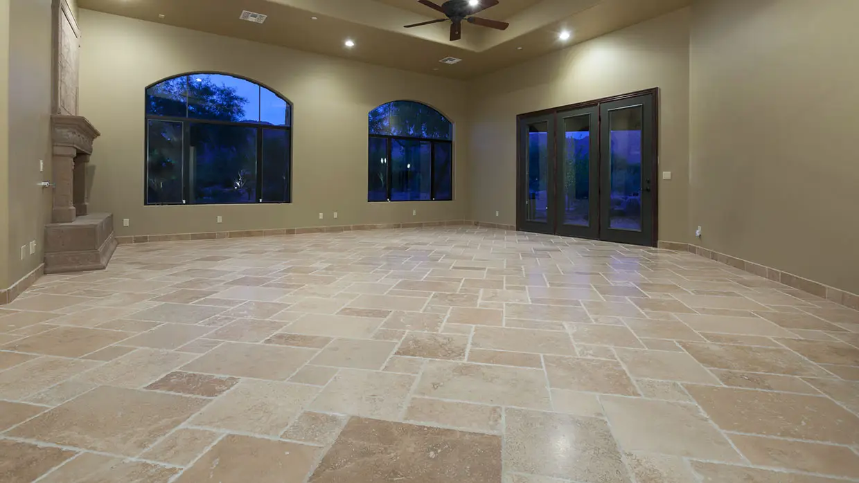 Travertine tile floors are a classic choice.