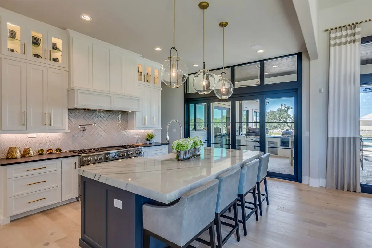 quartz countertops with blue and white cabinets