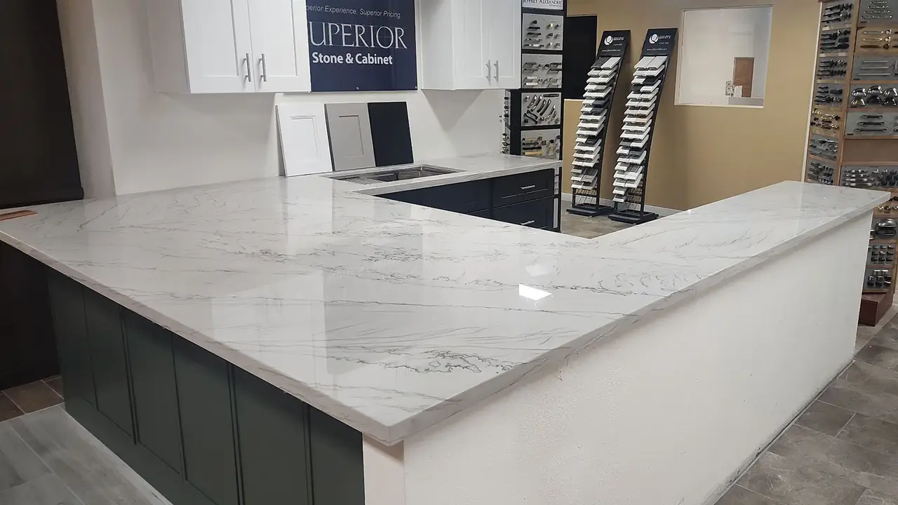Calacatta Fendi quartzite countertop in showroom