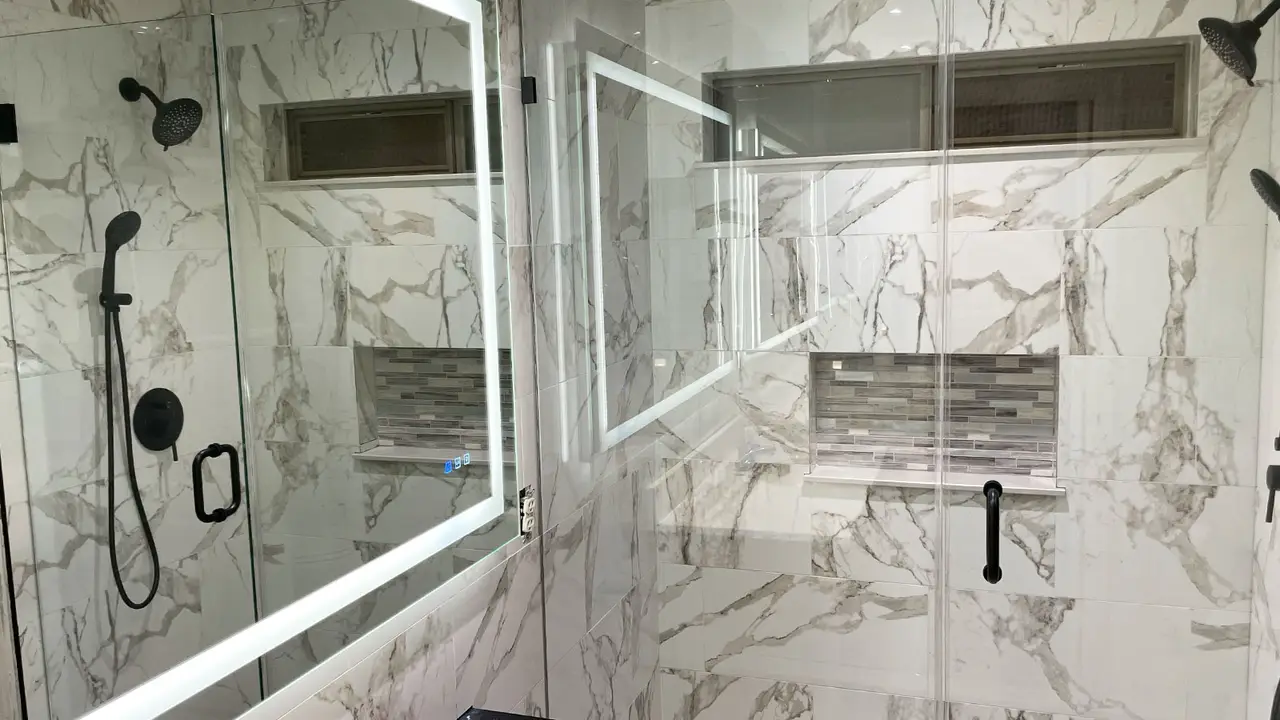 Completed bathroom renovation with stone countertop and tile in a Mesa, Arizona home