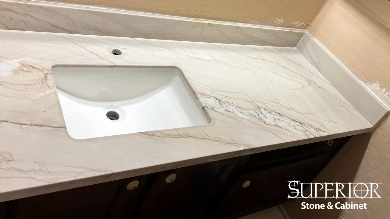 Master bathroom with White Macaubas stone countertop and custom vanity in a Phoenix area home