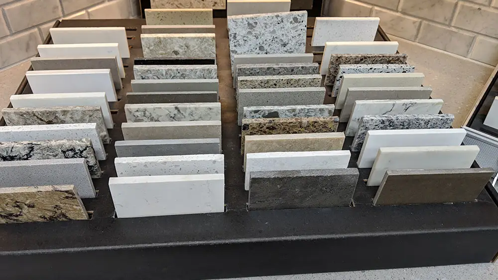 Quartz countertop samples.