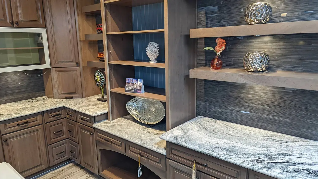 Wall mounted floating shelves in a kitchen.