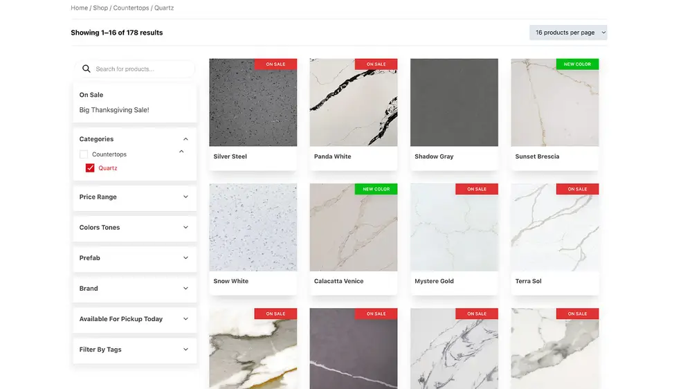 An online catalogue of countertop options.