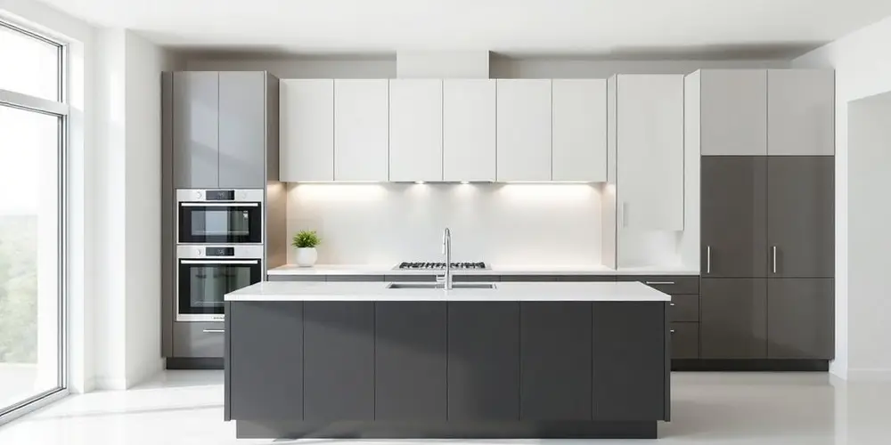 Modern kitchen cabinets with sleek finishes and integrated lighting.
