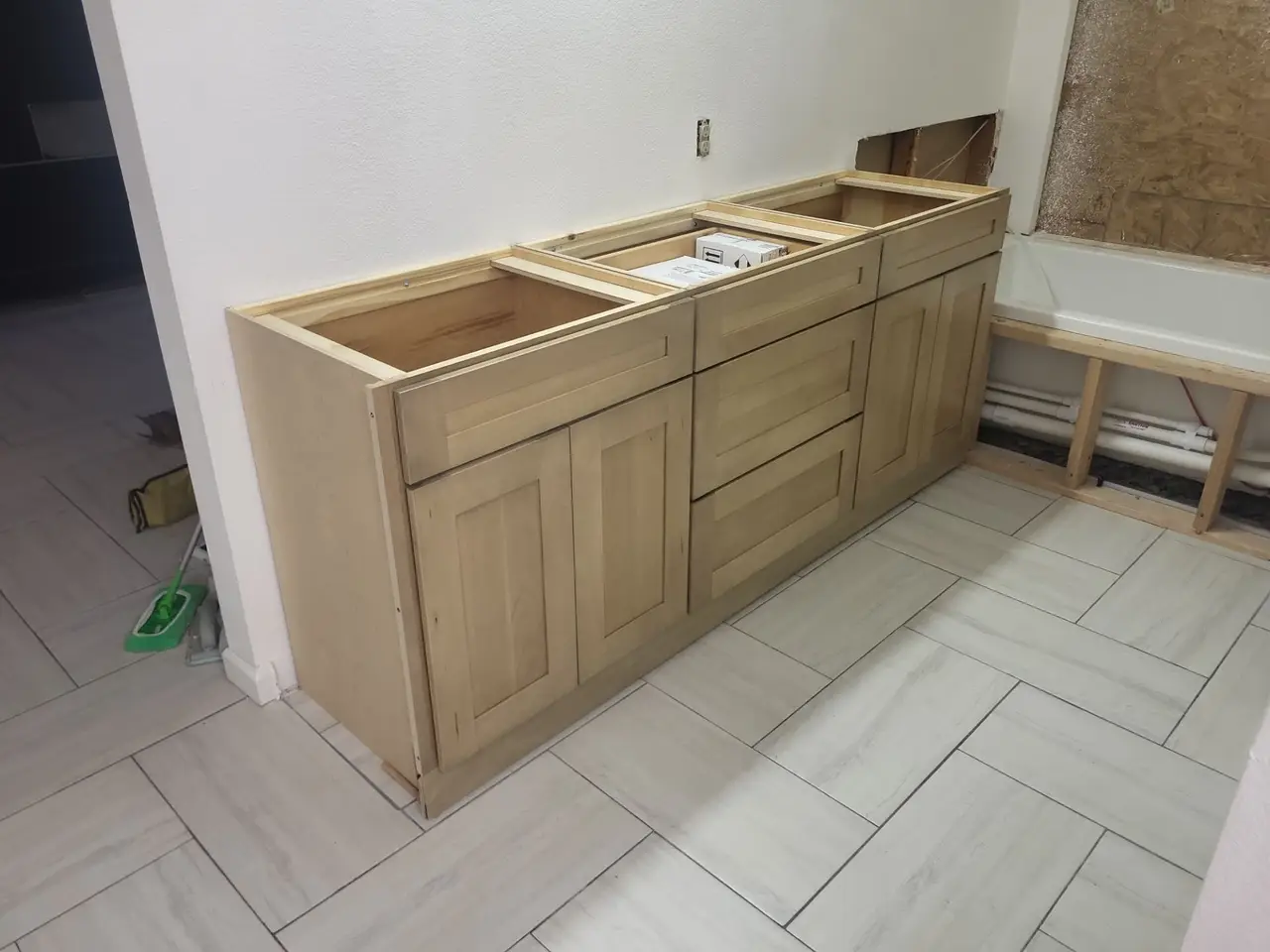 Vanity cabinets installed before the countertop
