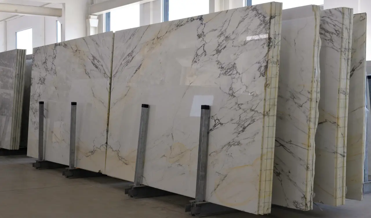 stack of marble o stone slabs - marble industry factory. Luxury interior material in natural stone.