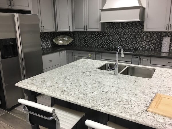 New commercial countertops and cabinets installed in a break room setup.