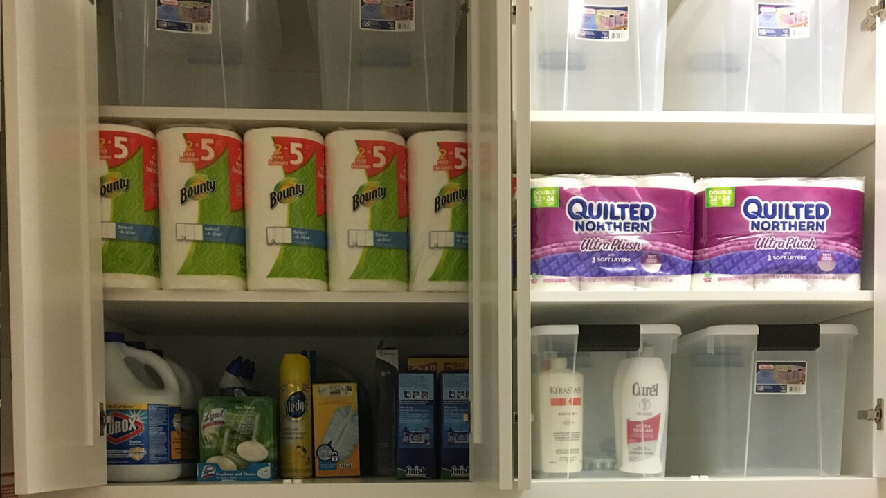 Organization in a laundry room cabinet.